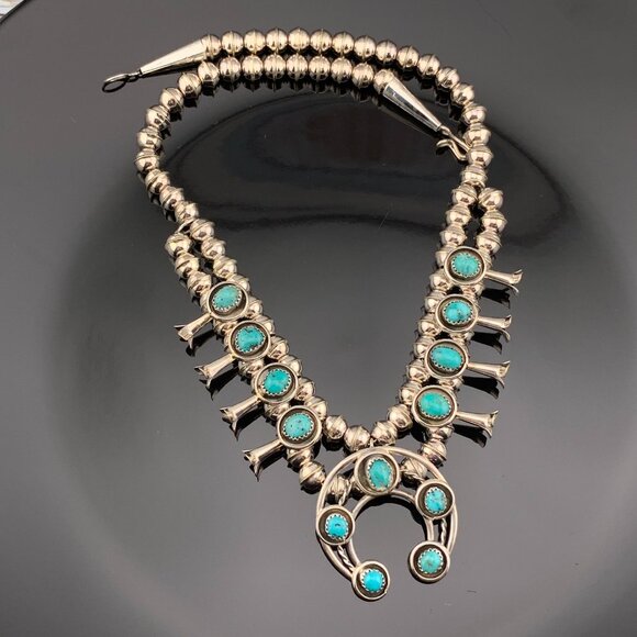 Native American Jewelry - Turquoise Sterling Silver Squash Blossom Necklace Navajo Native American Made
